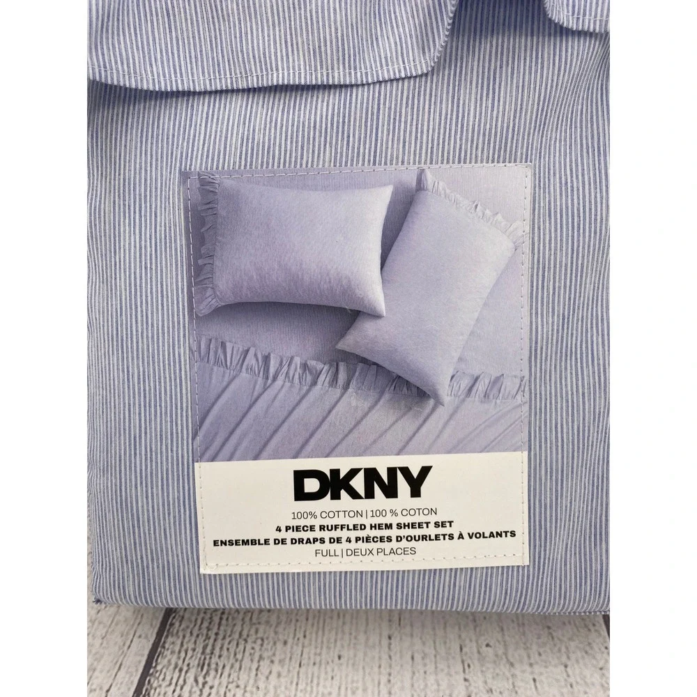 DKNY Sheet Set Full Blue White Pinstripe Ruffled Hem Bedding Chic Preppy Coastal